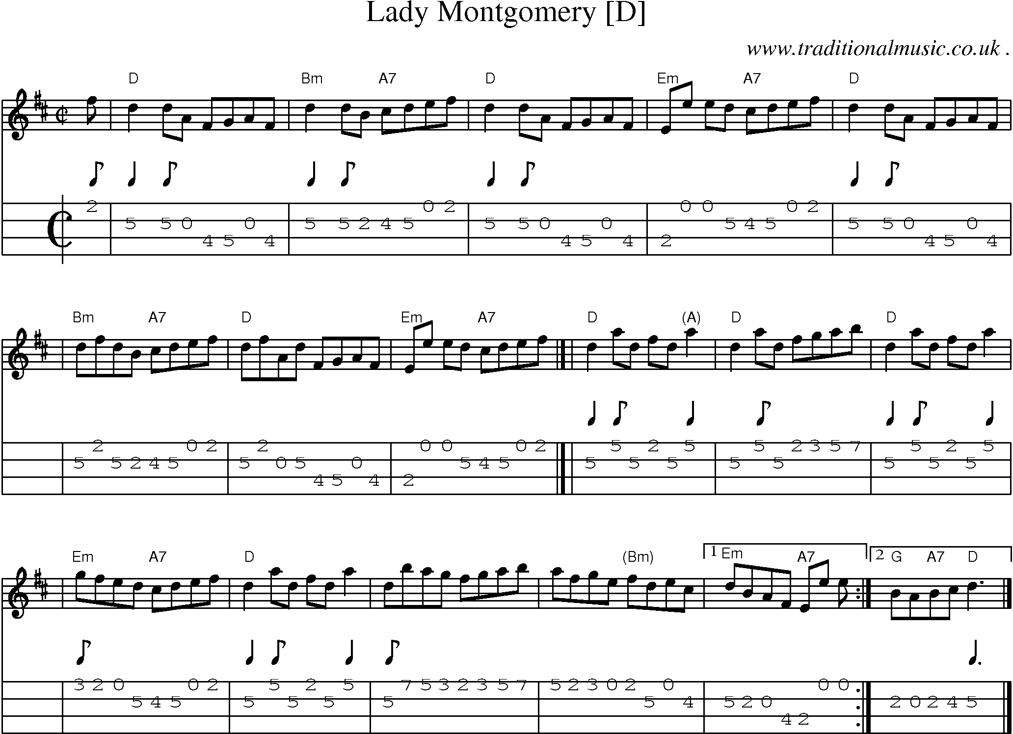 Sheet-music  score, Chords and Mandolin Tabs for Lady Montgomery [d]